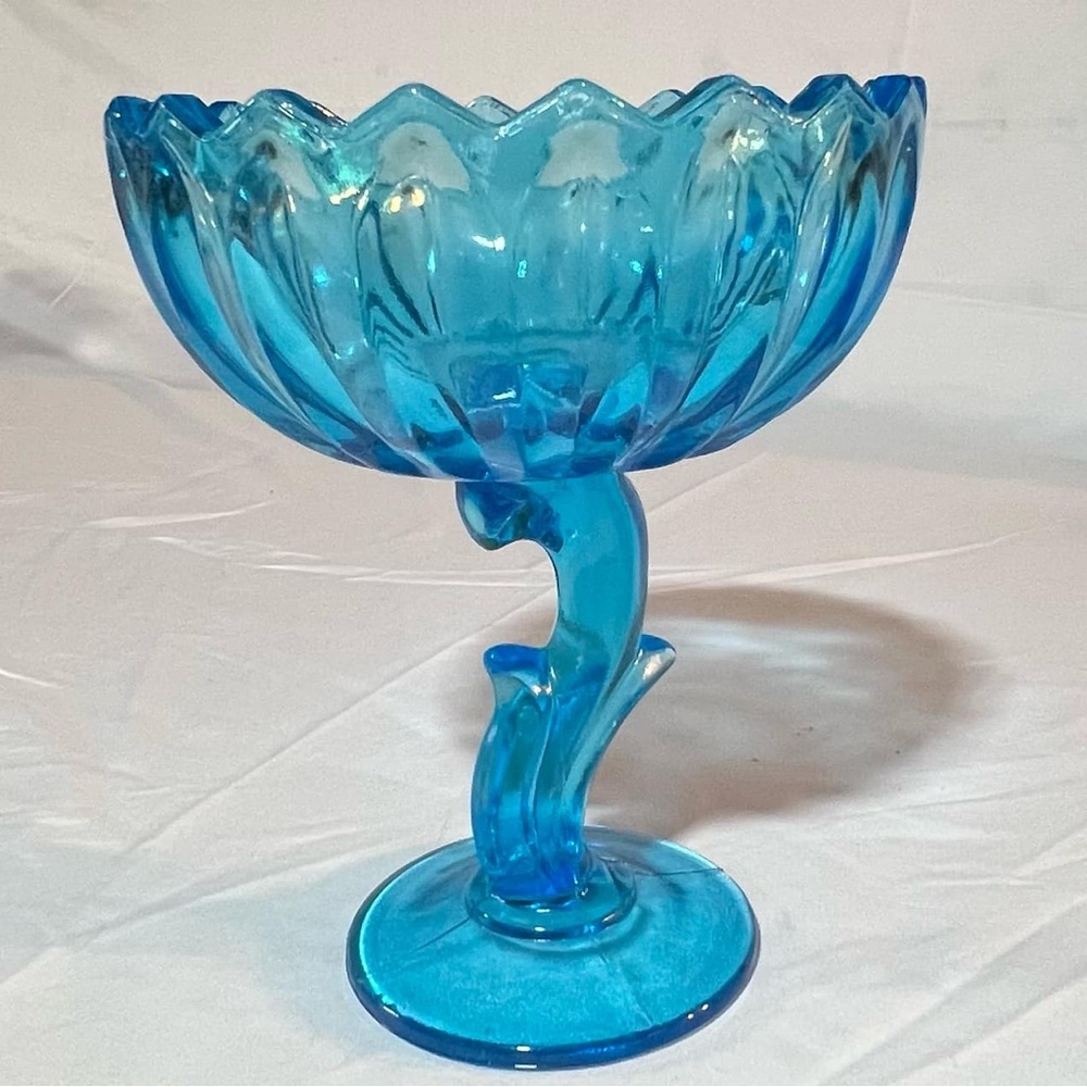 Vintage Indiana Glass Horizon Blue Lotus Blossom Pedestal Compote/Candy Dish 70'